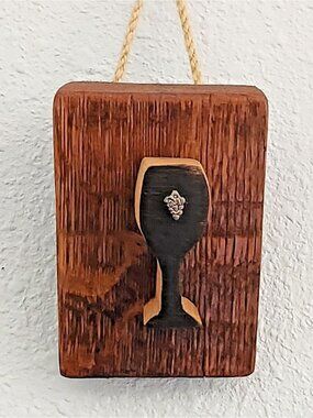 Wood Sign Wine Barrel Tall Wine Glass Grape Cluster Charm Dark Wine Stave Toaste